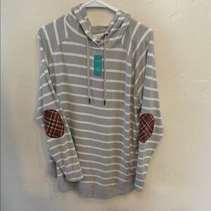 Maurices Gray Striped Women's Hoodie with Plaid Elbow Patches